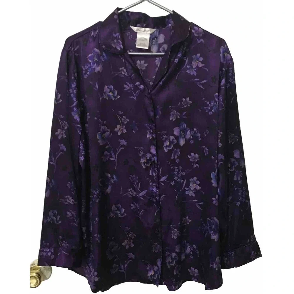Secret Treasures 2 Pc. (Purple Eggplant) Floral Satin Look Pajama Set Sz M